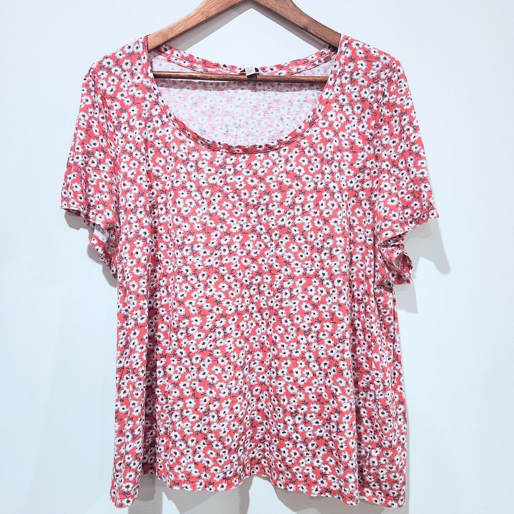 Lucky Brand Womens Red White Floral Flutter Sleeve Blouse Size XXL Flowy Casual